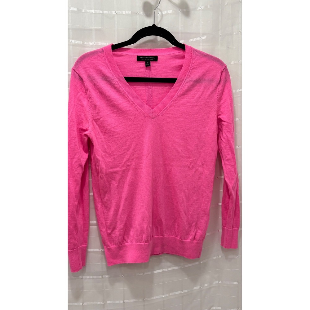 Banana Republic Hot Pink 100 Merino Wool V-Neck Sweater Womens Small Long Sleeve